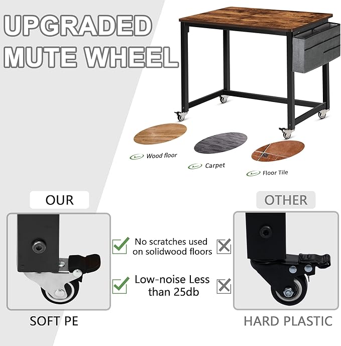 AHB Rolling Computer Desk with 4 Smooth Wheels, Simple Style Mobile Writing Desk Home Office Study Table Movable Workstation with Metal Frame (Brown, 32") - LeafyLoom