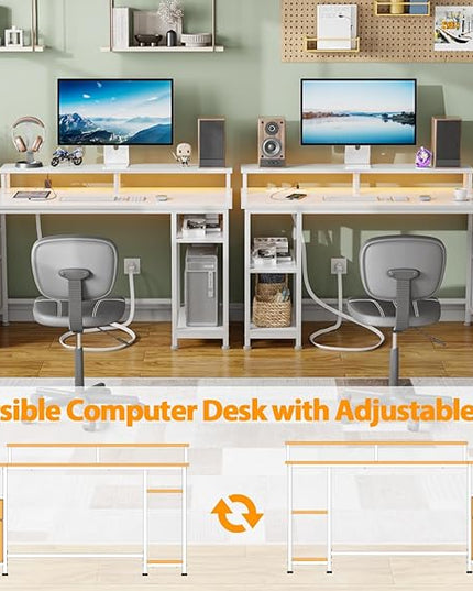 Furologee 61" Desk with LED Light & Power Outlets, Reversible Computer Desk with File Cabinet & Drawer, White Gaming Desk Writing Table with Dual Monitor Stand, for Home/Office/White - LeafyLoom
