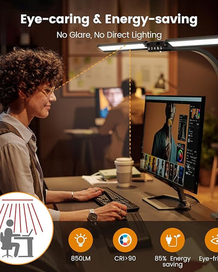 Upgraded LED Desk Lamp for Home Office with RGB, Rotatable Computer Desk Light with Remote, Eye Caring Table Lamp with Clamp for Study, Dimmable Dual Head Desk Lighting for Monitor PC, 22W - LeafyLoom