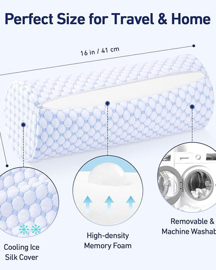 Neck Roll Pillow for Sleeping - Round Cervical Neck Pillow with Cooling Pillowcase - Memory Foam Cylinder Bolster Pillow for Legs, Necks, Back, Lumbar, and Foot, 16x6.3 Inch (Cool Blue) - LeafyLoom