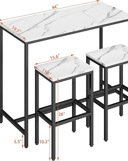 Yongchuang 3 Piece Bar Table Set, Bar Table and Chairs Set of 2, Modern Counter Height Table with 2 Stools for Kitchen, Dining Room, Living Room Breakfast Table White Faux Marble Wood Top - LeafyLoom