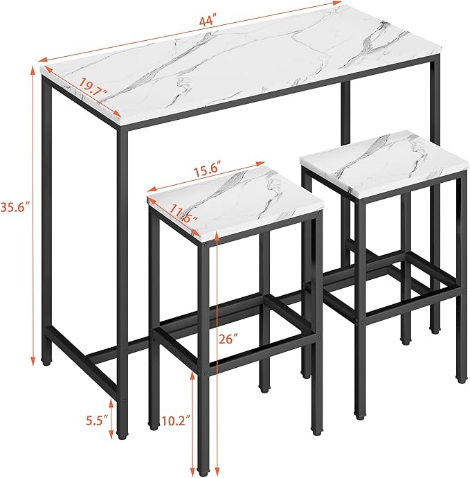 Yongchuang 3 Piece Bar Table Set, Bar Table and Chairs Set of 2, Modern Counter Height Table with 2 Stools for Kitchen, Dining Room, Living Room Breakfast Table White Faux Marble Wood Top - LeafyLoom