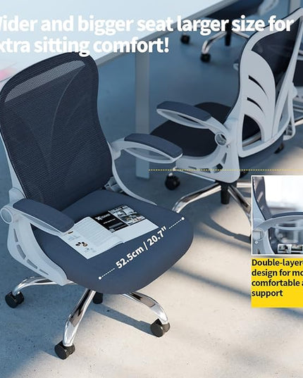 Ergonomic Office Chair with Foldable Backrest, Computer Desk Chair with Flip-up Armrests, Mesh Lumbar Support and Tilt Function Big and Tall Office Chair, White - LeafyLoom