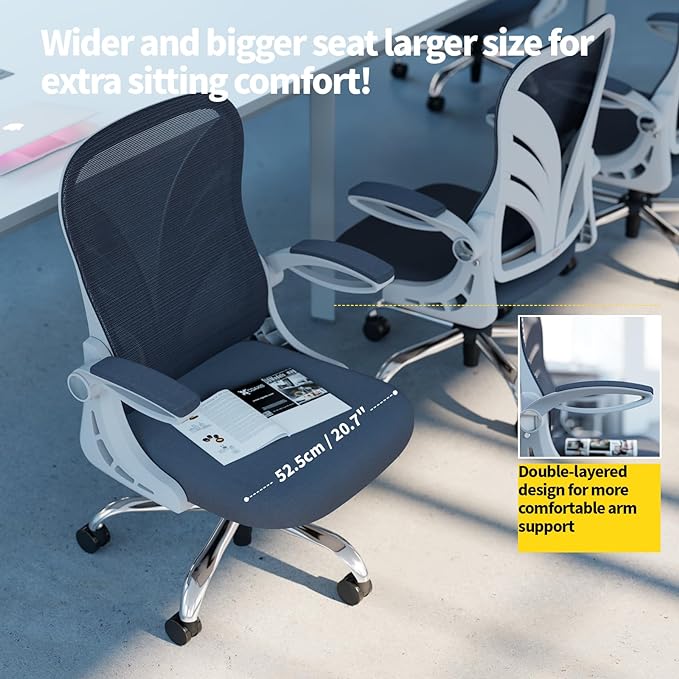 Ergonomic Office Chair with Foldable Backrest, Computer Desk Chair with Flip-up Armrests, Mesh Lumbar Support and Tilt Function Big and Tall Office Chair, White - LeafyLoom