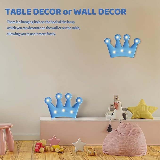 Blue Crown Decor, Princess Decor for Girls Room, Princess Party Decorations, Birthday Decor, Battery Powered Night Light for Girls - LeafyLoom