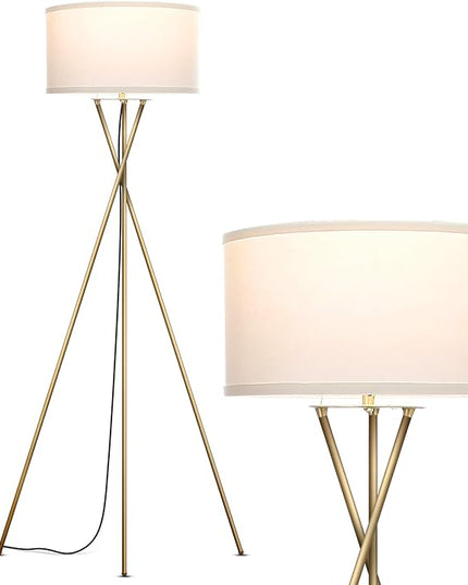 Brightech Jaxon LED Floor lamp, Modern Lamp for Living Rooms & Offices, Tall Lamp with Contemporary Drum Shade, Gold Tripod Standing Lamp for Bedroom Reading, Great Living Room Decor - Brass - LeafyLoom