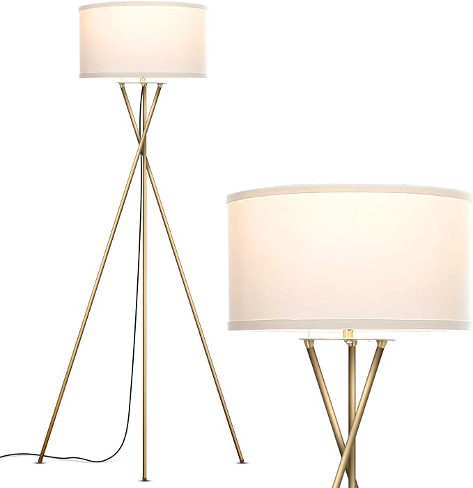 Brightech Jaxon LED Floor lamp, Modern Lamp for Living Rooms & Offices, Tall Lamp with Contemporary Drum Shade, Gold Tripod Standing Lamp for Bedroom Reading, Great Living Room Decor - Brass - LeafyLoom