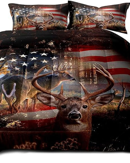 LUVIVIHOME 3PCS Hunting Camo Comforter Set, Deer Comforter Full Size, Patriotic American Flag Hunter Woodland Forest Animal Elk Moose Wildlife Cabin Lodge Country Rustic Bedding Quilt, 2 Pillow Shams - LeafyLoom