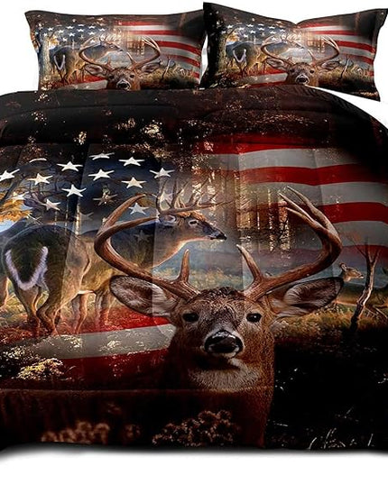 LUVIVIHOME 3PCS Hunting Deer Comforter Set, Camo Comforter, Queen Bed Set, Patriotic American Flag Hunter Woodland Forest Animal Elk Moose Wildlife Cabin Country Rustic Bedding Quilt, 2 Pillow Shams - LeafyLoom