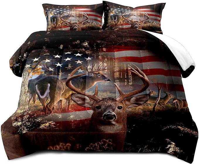 LUVIVIHOME 3PCS Hunting Deer Comforter Set, Camo Comforter, Queen Bed Set, Patriotic American Flag Hunter Woodland Forest Animal Elk Moose Wildlife Cabin Country Rustic Bedding Quilt, 2 Pillow Shams - LeafyLoom