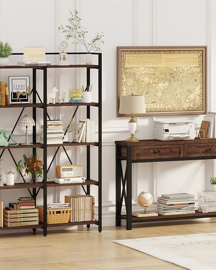 BON AUGURE Console Table with 2 Drawers, Entryway Table with Storage, Sofa Table Behind Couch for Living Room, Farmhouse Entry Table for Hallway, Foyer, Front Door (Rustic Oak, 47 Inch) - LeafyLoom