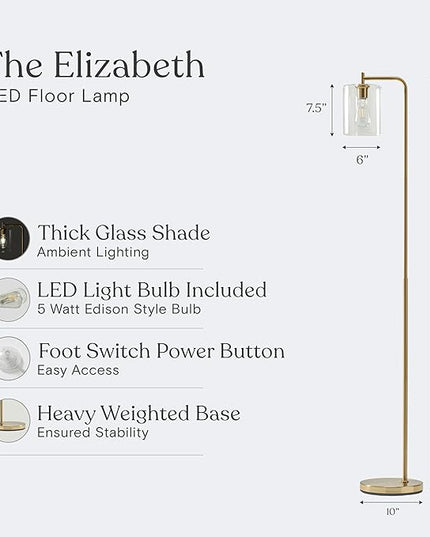 Brightech Elizabeth LED Floor lamp, Tall Lamp with Glass Shade & Edison Bulb, Industrial Lamp for Living Rooms & Offices, Vintage Standing Lamp for Bedroom in Farmhouse or Rustic Style - Gold - LeafyLoom