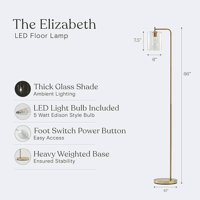 Brightech Elizabeth LED Floor lamp, Tall Lamp with Glass Shade & Edison Bulb, Industrial Lamp for Living Rooms & Offices, Vintage Standing Lamp for Bedroom in Farmhouse or Rustic Style - Gold - LeafyLoom