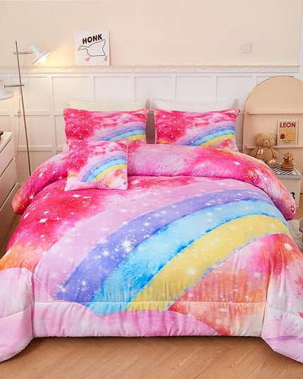 Rainbow Twin Size Comforter Set for Girls 6 Pieces Sparkle Tie Dye Pink Girls Bedding Comforter Sets Galaxy Kids Bed Comforter Sets Gradient Glitter Soft Bed in A Bag with Sheets - LeafyLoom