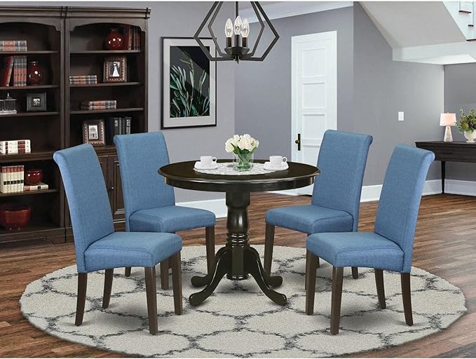 East West Furniture ANBA5-CAP-21 5 Piece Set for 4 includes a Round Kitchen Table with Pedestal and 4 Blue Color Linen Fabric Parson Dining Chairs, 36x36 Inch - LeafyLoom