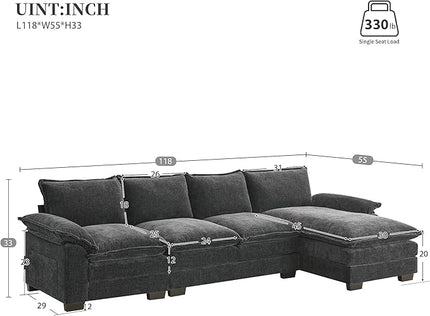 118" Sectional Sofa, L-Shaped Couch Set with Double Cushions and Chaise Lounge, 5-seat Upholstered Indoor Furniture for Living Room, Apartment, Office, 118inch, Gray - LeafyLoom