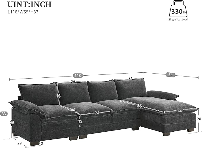 118" Sectional Sofa, L-Shaped Couch Set with Double Cushions and Chaise Lounge, 5-seat Upholstered Indoor Furniture for Living Room, Apartment, Office, 118inch, Gray - LeafyLoom