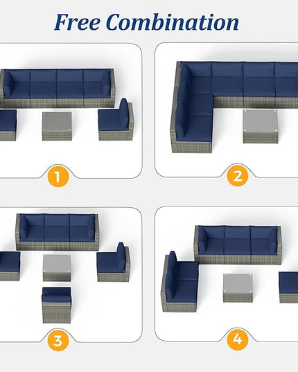 SUNVIVI OUTDOOR 7 Piece Patio Furniture Sets All Weather Gery PE Wicker Couch Sofa with Glass Table, Removable Navy Cushions - LeafyLoom