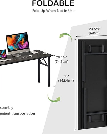 SDHYL Folding Desk, 60inch No Assembly Folding Desks for Small Spaces Sturdy Computer Desk, Functional Home Office Desks, Study Writing Desk Office Table Workstation for Home Office, Black - LeafyLoom
