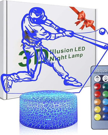 Teenager christmas gifts xmas gift 3D Illusion Playing Baseball Night Light Lamp 16 Color Change Touch White Crack Base remote control Birthday Present Boys Girls Baseball lover - LeafyLoom