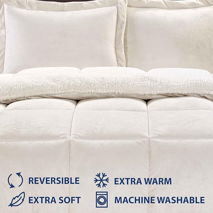 Cathay Home Twin Comforter Set: Ultra Soft and Plush Reversible Micromink and Sherpa 2-Piece Bedding Set, Ivory, Twin (66" x 86") - LeafyLoom