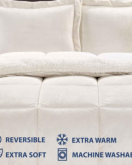 Cathay Home King Comforter Set: Ultra Soft and Plush Reversible Micromink and Sherpa 3-Piece Bedding Set, Ivory, King (102" x 90") - LeafyLoom