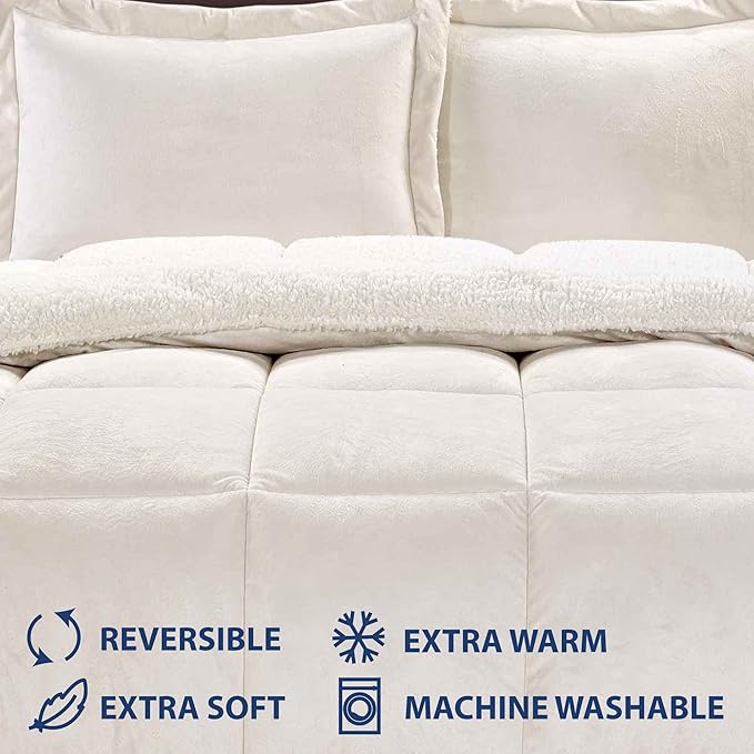 Cathay Home Full Comforter Set: Ultra Soft and Plush Reversible Micromink and Sherpa 3-Piece Bedding Set, Ivory, Full (76" x 86") - LeafyLoom
