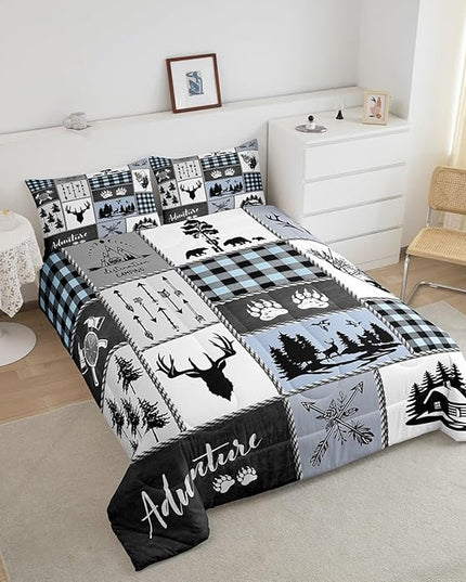 Deer Bear Kids Comforter Set Queen Size,Hunting Adventure Rustic Farmhouse Bedding Set for Boys Girls Adults Room Decor,Geometric Plaid Patchwork Down Comforter,Blue Xmas Duvet Insert,2 Pillowcases - LeafyLoom
