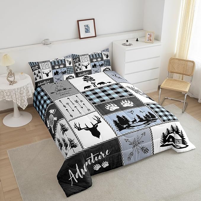 Deer Bear Kids Comforter Set Queen Size,Hunting Adventure Rustic Farmhouse Bedding Set for Boys Girls Adults Room Decor,Geometric Plaid Patchwork Down Comforter,Blue Xmas Duvet Insert,2 Pillowcases - LeafyLoom