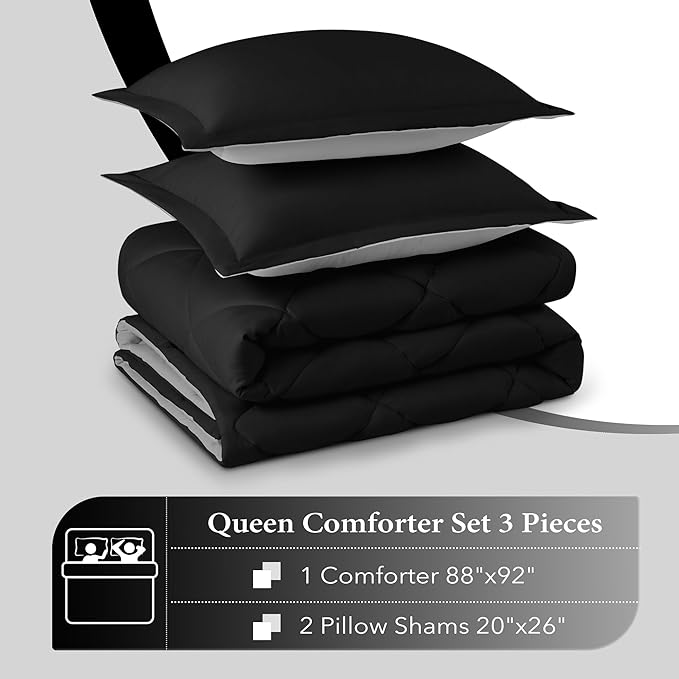 downluxe Queen Comforter Set - Black and Grey Comforter Set Queen, Soft Bedding Sets for All Seasons -3 Pieces - 1 Comforter (88"x92") and 2 Pillow Shams(20"x26") - LeafyLoom