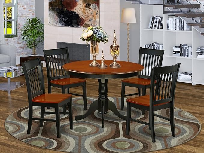 East West Furniture HLNO5-BCH-W 5 Piece Kitchen Table & Chairs Set Includes a Round Dining Table with Pedestal and 4 Dining Room Chairs, 42x42 Inch, Black & Cherry - LeafyLoom