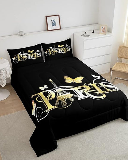 Eiffel Tower Comforter Chic Paris Theme Bedding Set for Kids Boys Girls Butterfly Paris Cityscape Printed Comforter Set Modern French Style Duvet Set Golden Black Bedroom Decor Quilt Set Full Size - LeafyLoom