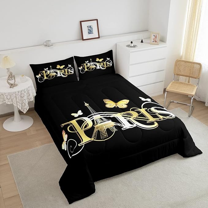 Eiffel Tower Comforter Chic Paris Theme Bedding Set for Kids Boys Girls Butterfly Paris Cityscape Printed Comforter Set Modern French Style Duvet Set Golden Black Bedroom Decor Quilt Set Full Size - LeafyLoom