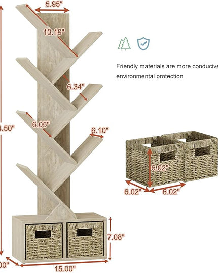 Vagusicc 6 Tier Tree Bookshelf - Retro Shelf Floor Standing Bookcase with Baskets, Tall Wood Book Storage Rack for Books/CDs, Tree Utility Book Organizer Shelves for Living Room, Home Office, Bedroom - LeafyLoom