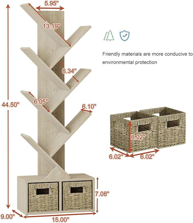 Vagusicc 6 Tier Tree Bookshelf - Retro Shelf Floor Standing Bookcase with Baskets, Tall Wood Book Storage Rack for Books/CDs, Tree Utility Book Organizer Shelves for Living Room, Home Office, Bedroom - LeafyLoom
