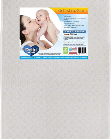 Delta Children Emery Mini Convertible Baby Crib & Twinkle Stars 3-Inch Waterproof Mini Crib Mattress, Grey - LeafyLoom