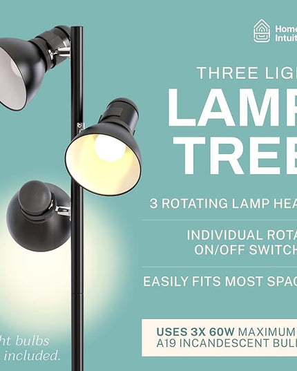 3 Light Floor Lamp Standing Lamp for Living Room, Bedroom, Office - Adjustable Modern Tree Floor Lamps, 60W Bright Spotlight Lighting - Rotating Swivel Corner Light for Reading, Black - LeafyLoom