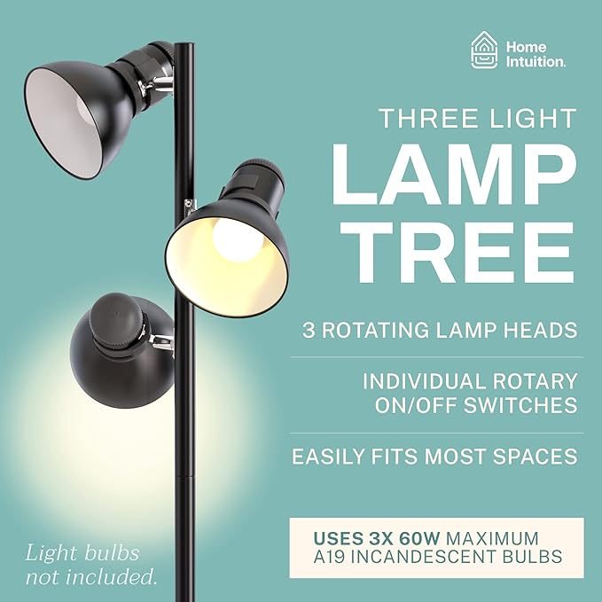 3 Light Floor Lamp Standing Lamp for Living Room, Bedroom, Office - Adjustable Modern Tree Floor Lamps, 60W Bright Spotlight Lighting - Rotating Swivel Corner Light for Reading, Black - LeafyLoom