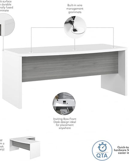 Bush Business Furniture Echo Bow Front Desk, 72W, Pure White and Shiplap Gray - LeafyLoom