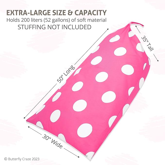 Butterfly Craze Bean Bag Chair Cover, Functional Toddler Toy Organizer, Fill with Stuffed Animals to Create a Jumbo, Comfy Floor Lounger for Boys or Girls, Stuffing Not Included, Pink Polka Dots - LeafyLoom