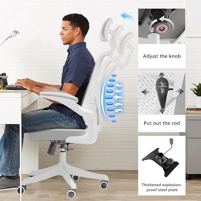 Ergonomic Office Chair Home Desk Office Chair with Flip-Armrest & Cushion for Lumbar Support, high Back Computer Chair with Thickened Cushion Desk Chairs Ngray - LeafyLoom