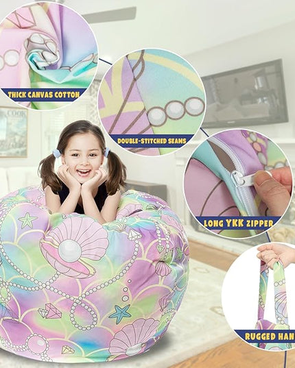 Stuffed Animal Storage Bean Bag Chair Cover, Hold Kids Plush Toys Blankets Towels Beanbag (Cover Only), Canvas Floor Circle Stuff Sit Seat Sofa with YKK Zipper, Extra Large 38", Pink Shell - LeafyLoom