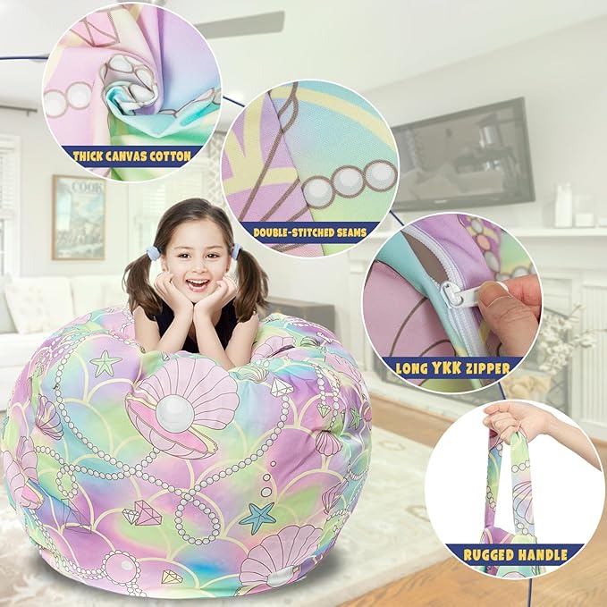 Stuffed Animal Storage Bean Bag Chair Cover, Hold Kids Plush Toys Blankets Towels Beanbag (Cover Only), Canvas Floor Circle Stuff Sit Seat Sofa with YKK Zipper, Extra Large 38", Pink Shell - LeafyLoom