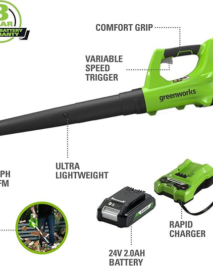 Greenworks 24V Axial Blower (100 MPH / 330 CFM), 2.0Ah Battery and Charger - LeafyLoom