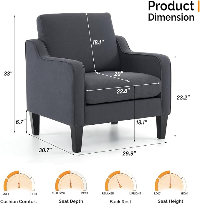 VINGLI Accent Chairs for Living Room Chairs Mid Century Modern Chair Sofa Chair Upholstered Arm Chair with Scooped Arms for Bedroom, Apartment, Office, Studio, Waiting Room, Play Room - LeafyLoom