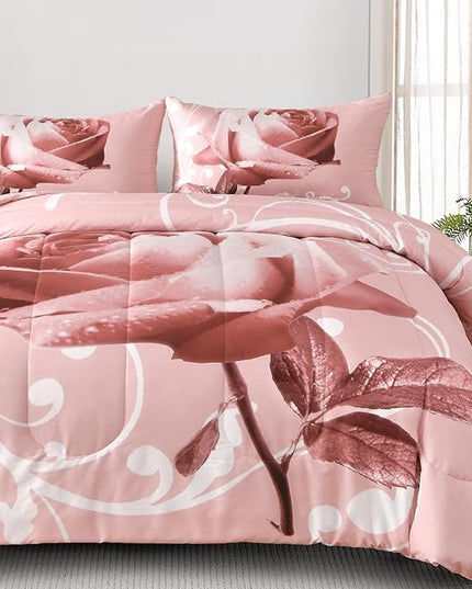 WONGS BEDDING Pink Comforter Set Queen Reversible Pink Rose Pattern Printed Bedding Comforter Set with 2 Pillowcases for All Season, Soft Microfiber Filling Bedding Set 90"x90" - LeafyLoom