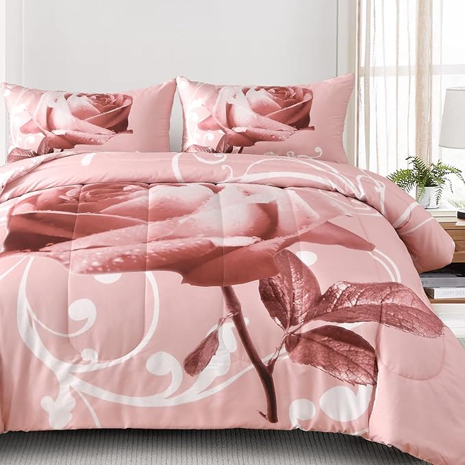WONGS BEDDING Pink Comforter Set Queen Reversible Pink Rose Pattern Printed Bedding Comforter Set with 2 Pillowcases for All Season, Soft Microfiber Filling Bedding Set 90"x90" - LeafyLoom