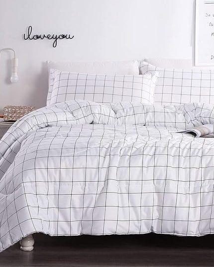 Andency White Grid Comforter Set King Size (104x90 Inch), 3 Pieces(1 Grid Comforter and 2 Pillowcases), Summer Lightweight Microfiber Down Alternative White Comforter with Black Lines - LeafyLoom