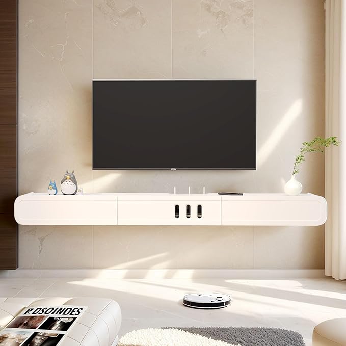 Floating TV Stand in Solid Wood, 71'' High Gloss Wall Mounted TV Cabinet, Floating TV Shelves with Door & Drawers, Modern Entertainment Media Console Center Large Storage Under TV - LeafyLoom