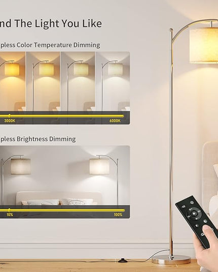 SUNMORY Dimmable Floor Lamp with Remote Control，Lamp for Living Room Stepless Color Temperature and Brightness, Standing Lamp for Bedroom and Office with 1H Timer，Nickel Floor Lamp with Linen Shade - LeafyLoom